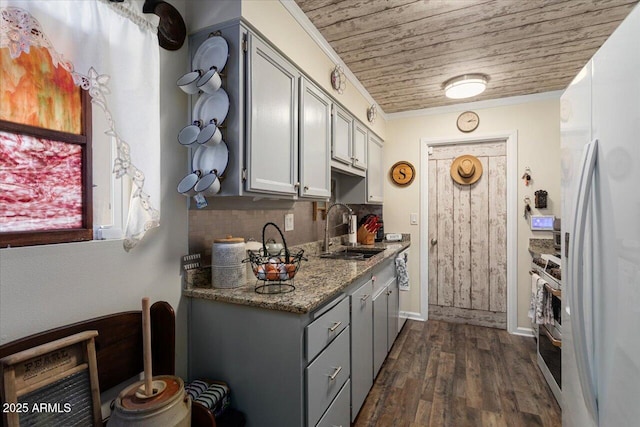 kitchen featuring white fridge, range, wooden ceiling, crown molding, and sink