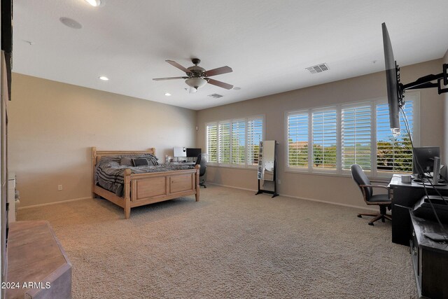 bedroom with carpet flooring, recessed lighting, baseboards, and visible vents