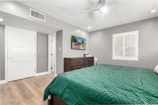 bedroom featuring ceiling fan and light wood-type flooring