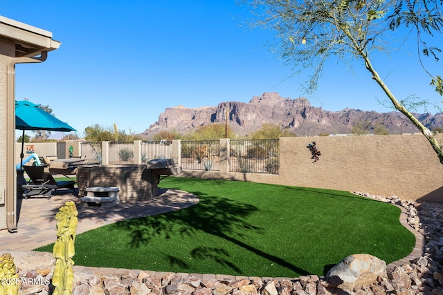 view of yard with a mountain view, a patio, and a fenced backyard