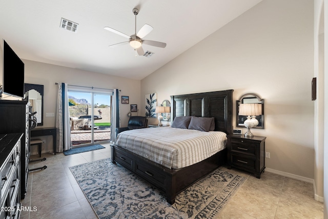 bedroom with access to outside, light tile patterned floors, baseboards, and visible vents