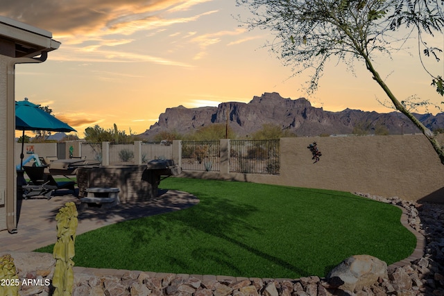 view of yard with a mountain view, a patio, and a fenced backyard