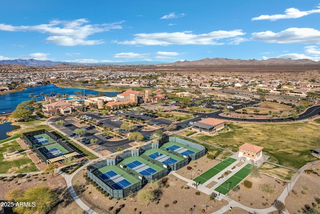 bird's eye view featuring a water and mountain view