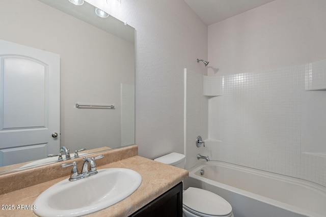 full bathroom featuring a textured wall, toilet, vanity, and shower / tub combination