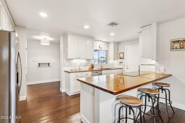 1649 W Royal Palm Rd, Phoenix, AZ 85021 - kitchen with stainless steel appliances, wood counters, a sink, dark wood-style floors, and a peninsula