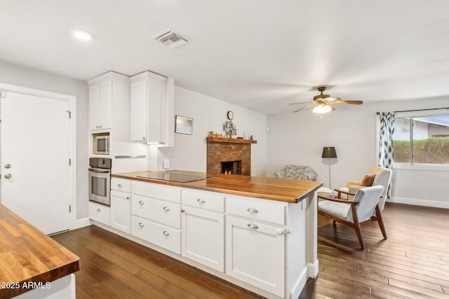 1649 W Royal Palm Rd, Phoenix, AZ 85021 - kitchen featuring wood counters, appliances with stainless steel finishes, a peninsula, ceiling fan, and recessed lighting