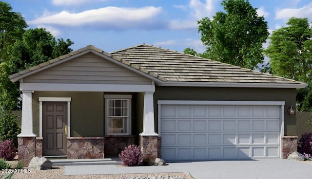 5781 E Iris Dr, Florence, AZ 85132 - view of front of house with concrete driveway, stone siding, an attached garage, and stucco siding