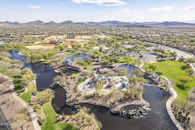 aerial view with a water and mountain view