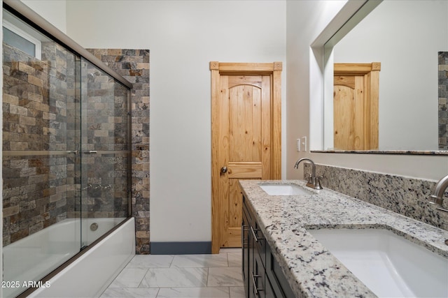 28301 N 154th St, Scottsdale, AZ 85262 - bathroom featuring marble look tiles, shower / bath combination with glass door, and double vanity