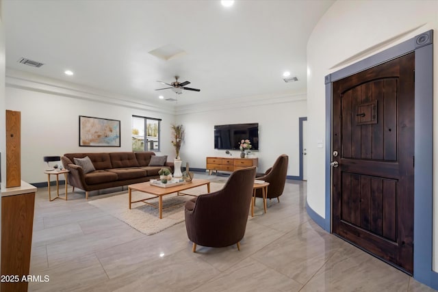 28301 N 154th St, Scottsdale, AZ 85262 - living area with a ceiling fan, crown molding, and recessed lighting