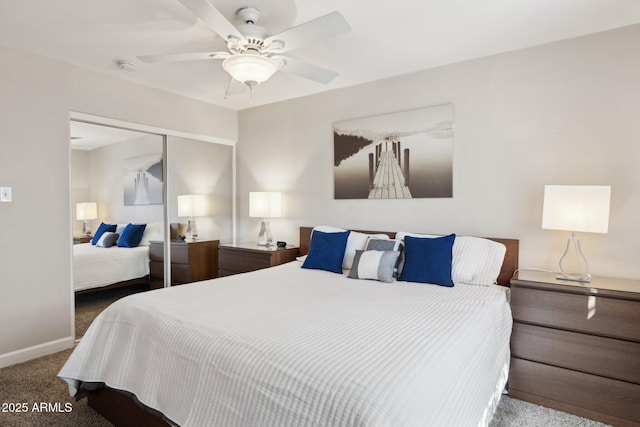 8107 E Mitchell Dr, Scottsdale, AZ 85251 - bedroom with a closet, ceiling fan, baseboards, and carpet
