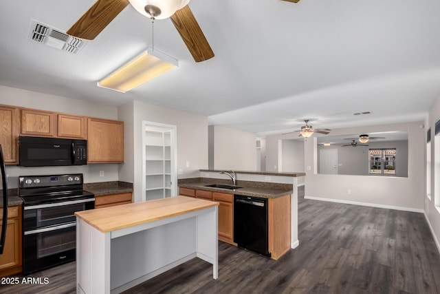 kitchen with ceiling fan, a sink, a peninsula, visible vents, and black appliances
