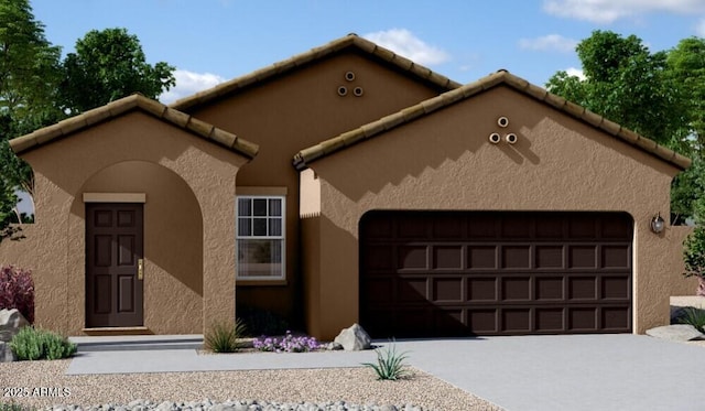 5782 E Orion Rd, Florence, AZ 85132 - mediterranean / spanish-style house featuring a garage, driveway, stucco siding, and a tiled roof