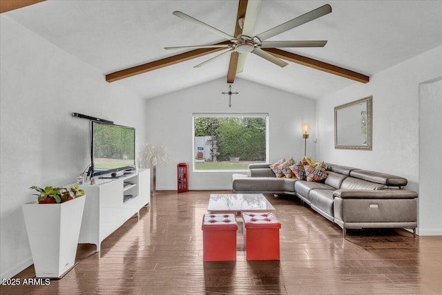 6747 N 12th St, Phoenix, AZ 85014 - living room featuring wood finished floors, vaulted ceiling with beams, baseboards, and ceiling fan