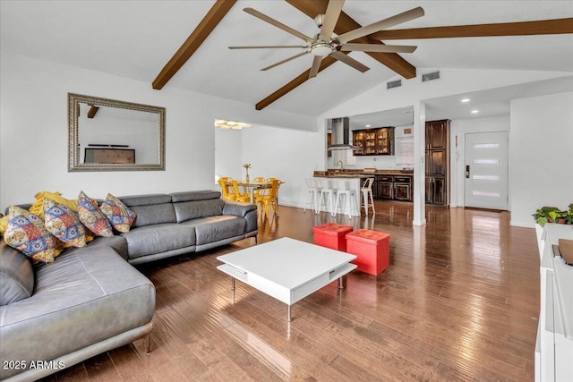 6747 N 12th St, Phoenix, AZ 85014 - living area with lofted ceiling with beams, dark wood-style flooring, visible vents, and a ceiling fan