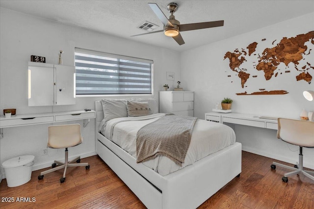 6747 N 12th St, Phoenix, AZ 85014 - bedroom with visible vents, wood finished floors, ceiling fan, and a textured ceiling