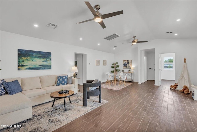 6747 N 12th St, Phoenix, AZ 85014 - living room with visible vents, dark wood-type flooring, and a ceiling fan