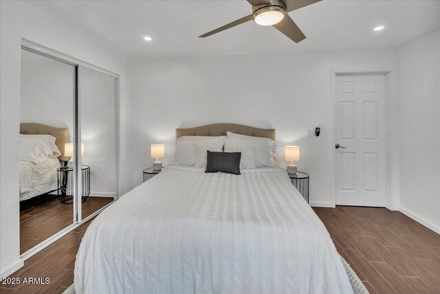6747 N 12th St, Phoenix, AZ 85014 - bedroom with recessed lighting, baseboards, ceiling fan, a closet, and wood finished floors
