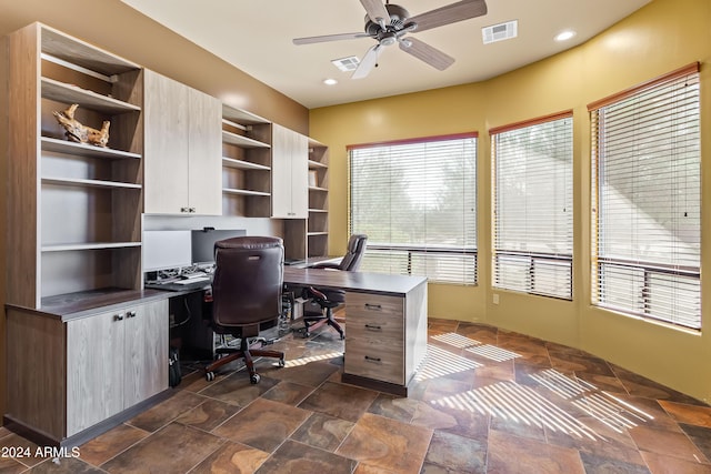 15406 E Cavedale Dr, Scottsdale, AZ 85262 - office space with a ceiling fan, built in study area, recessed lighting, and dark stone finish flooring
