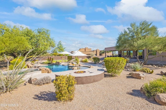 15406 E Cavedale Dr, Scottsdale, AZ 85262 - view of swimming pool featuring a gazebo, a patio area, and an outdoor fire pit