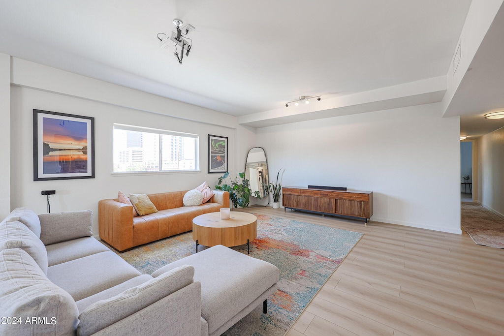 living room featuring light hardwood / wood-style flooring and track lighting