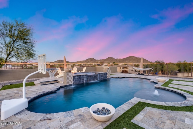 9527 W Whitehorn Way, Peoria, AZ 85383 - view of pool with a fenced backyard, an in-ground hot tub, a patio, and a mountain view
