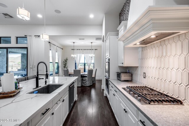 9527 W Whitehorn Way, Peoria, AZ 85383 - kitchen featuring a sink, stainless steel appliances, white cabinetry, custom range hood, and dark wood-type flooring