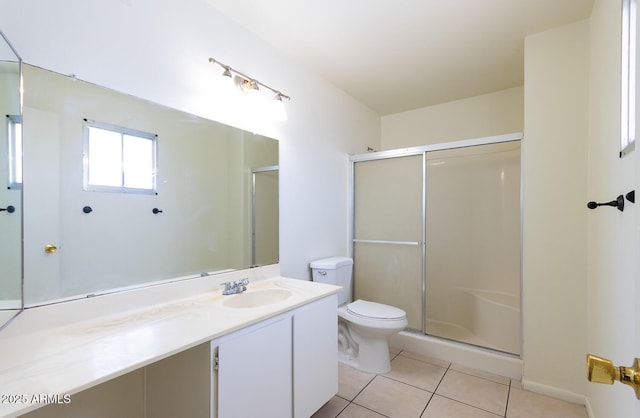 full bath with tile patterned floors, a stall shower, toilet, and vanity