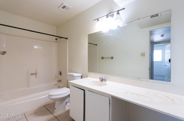 full bathroom with visible vents, toilet, shower / tub combination, tile patterned floors, and vanity