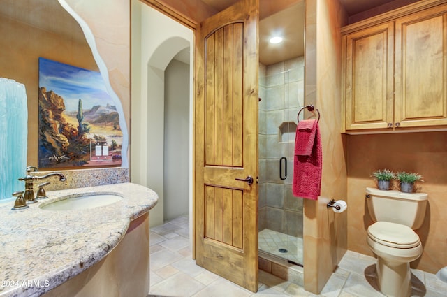 bathroom featuring vanity, toilet, and a shower with door