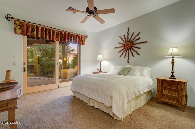 bedroom featuring access to exterior, carpet, and ceiling fan