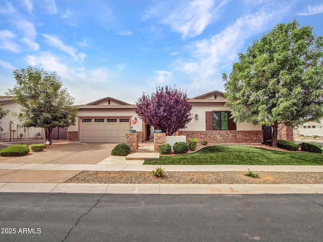3809 E Lynx Pl, Chandler, AZ 85249 - obstructed view of property featuring stucco siding, an attached garage, driveway, a front lawn, and stone siding