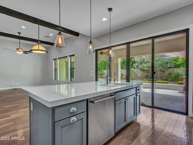 3809 E Lynx Pl, Chandler, AZ 85249 - kitchen with gray cabinetry, dishwasher, a sink, recessed lighting, and beamed ceiling