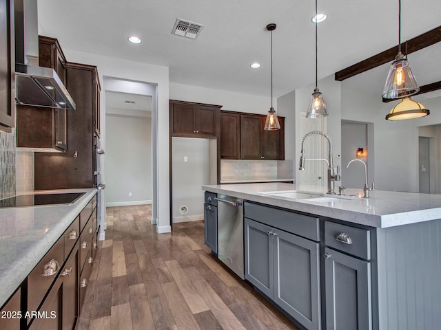 3809 E Lynx Pl, Chandler, AZ 85249 - kitchen featuring a sink, black electric stovetop, decorative backsplash, wall chimney exhaust hood, and stainless steel dishwasher