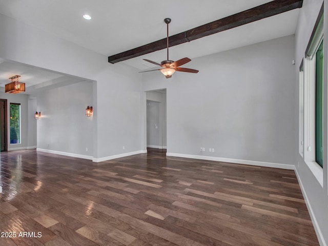 3809 E Lynx Pl, Chandler, AZ 85249 - unfurnished room featuring baseboards, wood finished floors, a ceiling fan, beamed ceiling, and recessed lighting