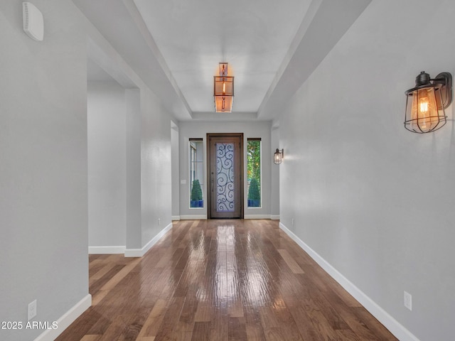 3809 E Lynx Pl, Chandler, AZ 85249 - entryway with hardwood / wood-style floors, baseboards, and a tray ceiling