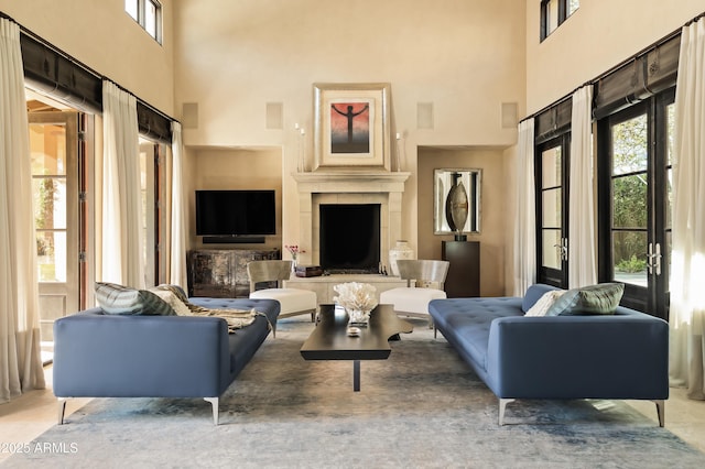 living room featuring a high ceiling