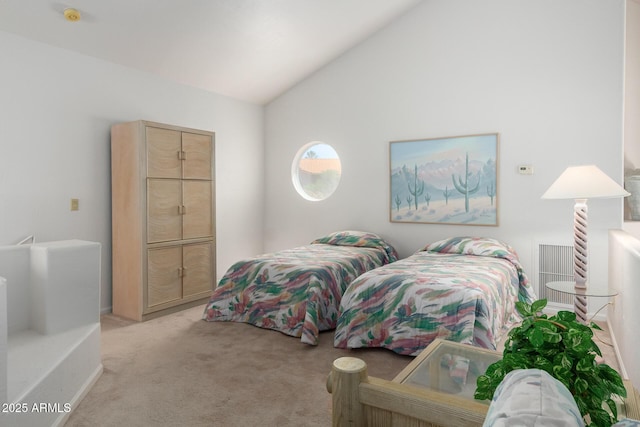 bedroom with lofted ceiling and light carpet