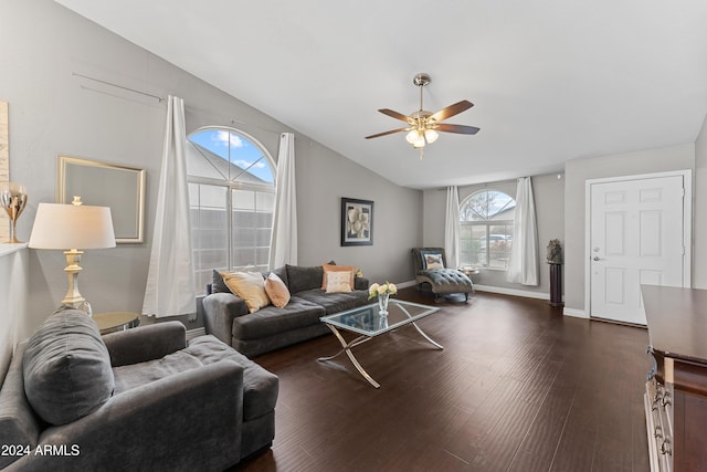 living room featuring ceiling fan, dark hardwood / wood-style floors, and lofted ceiling