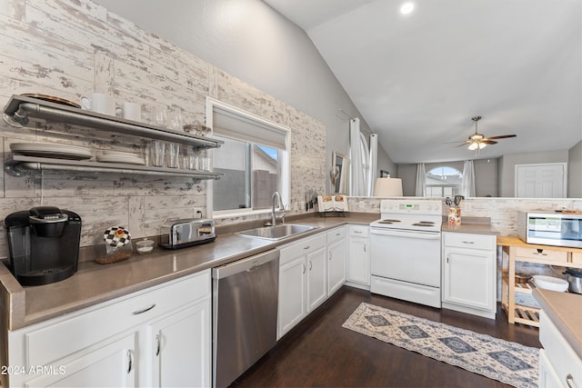 kitchen featuring sink, dishwasher, white range with electric cooktop, white cabinetry, and lofted ceiling