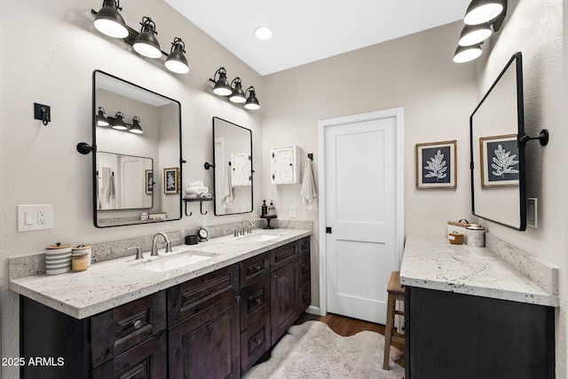 bathroom with wood finished floors and double vanity