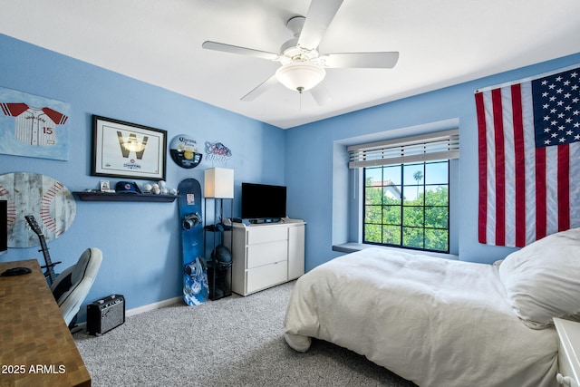 bedroom featuring carpet floors, baseboards, and ceiling fan