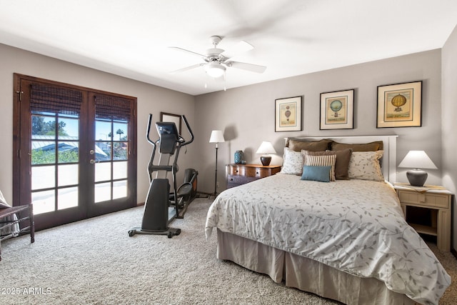 carpeted bedroom featuring access to exterior, french doors, and a ceiling fan