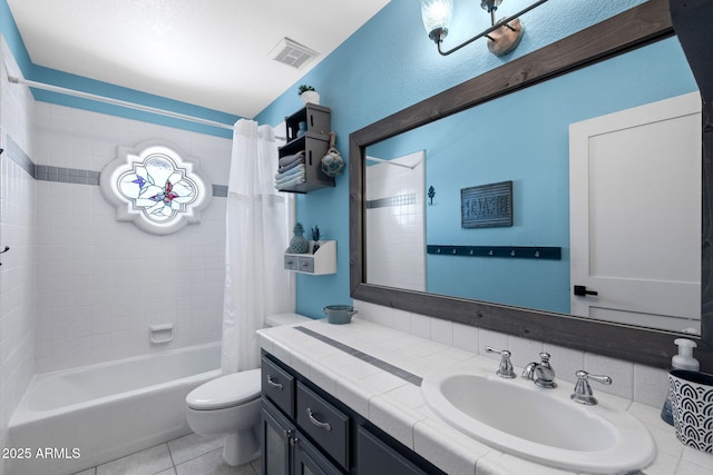 full bathroom featuring toilet, vanity, shower / bath combination with curtain, and tile patterned floors
