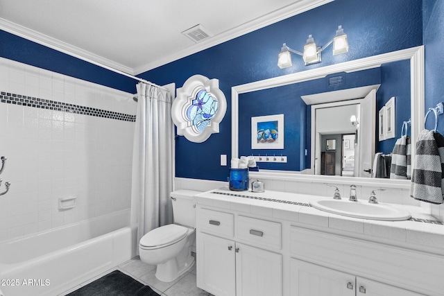 bathroom with crown molding, toilet, shower / bath combo, tile patterned floors, and vanity