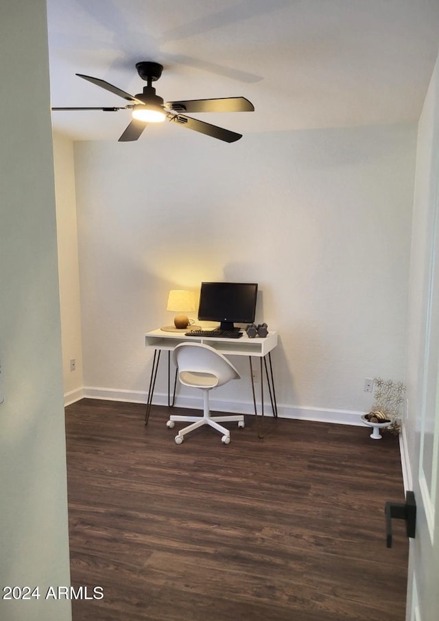 office area featuring ceiling fan and dark wood-type flooring