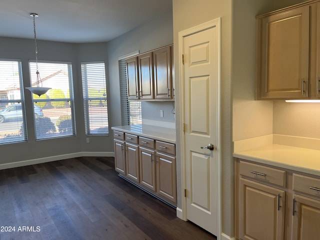 kitchen featuring hanging light fixtures and dark wood-type flooring