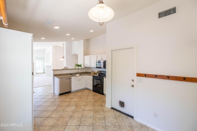 kitchen with lofted ceiling, light tile patterned floors, white cabinetry, hanging light fixtures, and black appliances