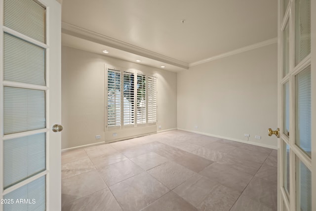 spare room with baseboards, french doors, tile patterned floors, and crown molding