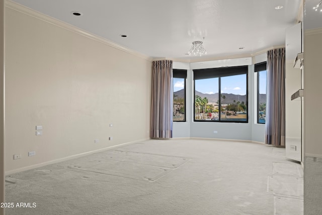 spare room featuring carpet floors, baseboards, and ornamental molding